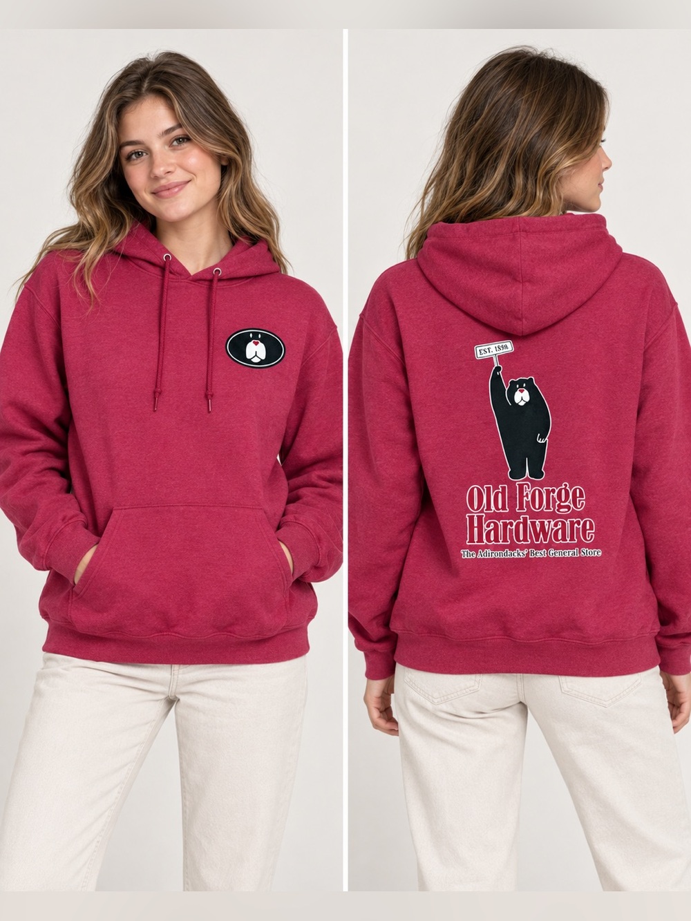 Adirondacks Red Bear Graphic Pullover Hoodie Sweatshirt Unisex Size L